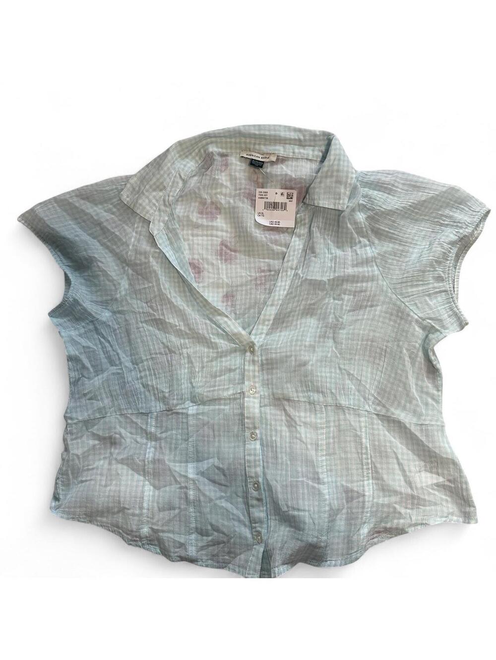 American Eagle Light Blue Checkered Button-Up Blouse XL